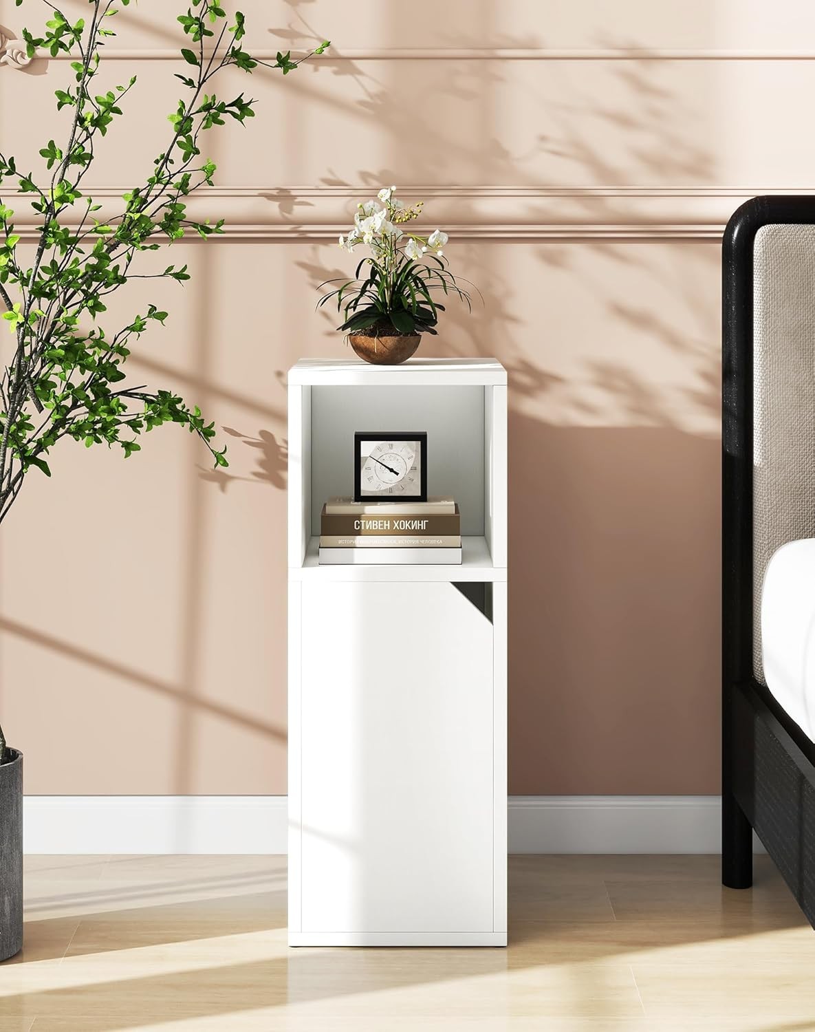 Slim White Bedside Tables Set of 2 – Narrow Nightstands with Door & Open Shelf