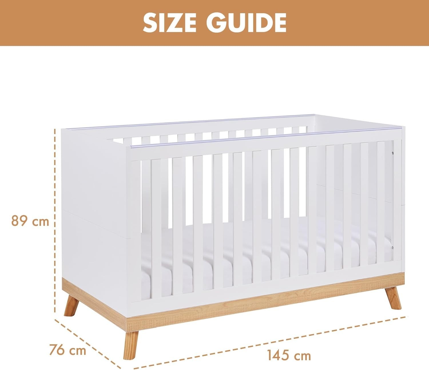 Convertible White Baby Cot Bed 3 Height Adjustable Toddler Bed 145x76x89 cm