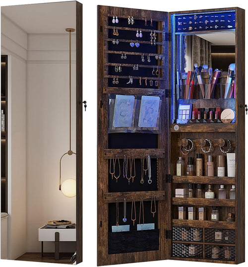 Lighted Full Length Jewelry Armoire Lockable Mirror Storage Cabinet Brown