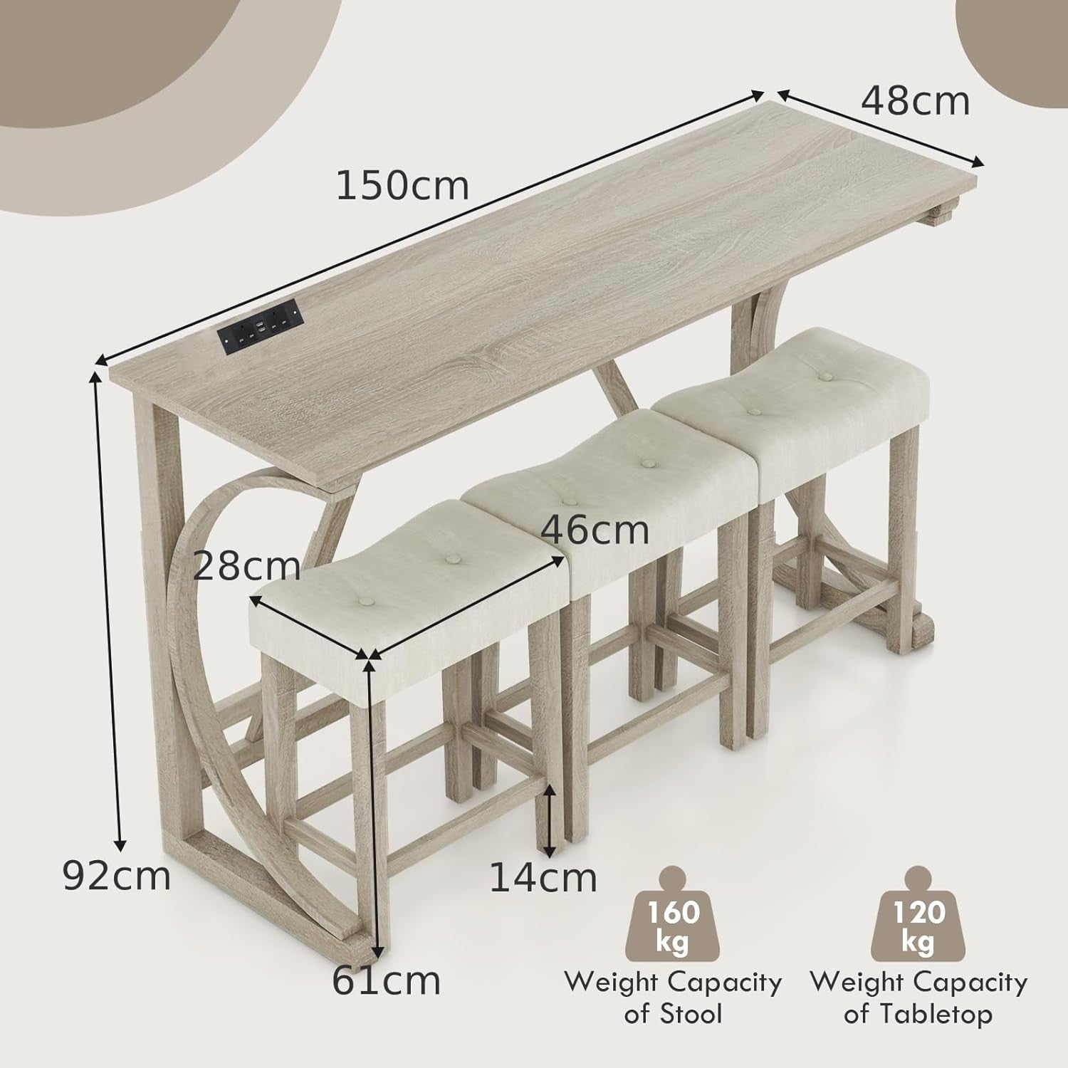 Counter Height Bar Table Set with Power Outlet, 4-Piece Dining Set with Stools