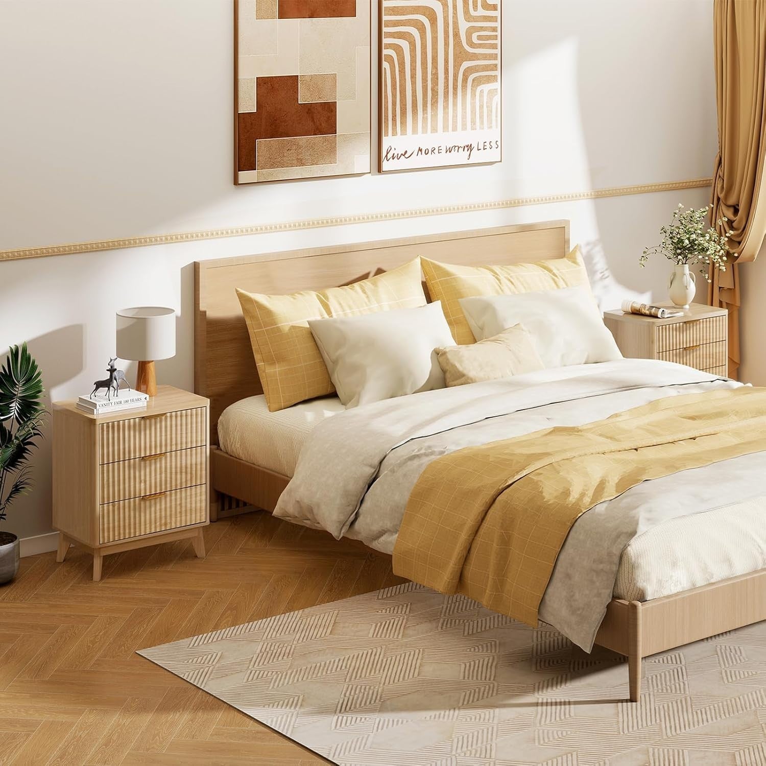 Wood Bedside Table with 3 Drawers Natural Nightstand for Bedroom & Living Room