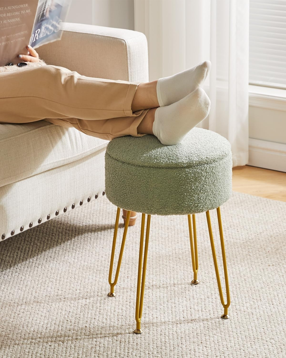 Light Green Teddy Velvet Storage Footrest Stool – Golden Leg Vanity Ottoman