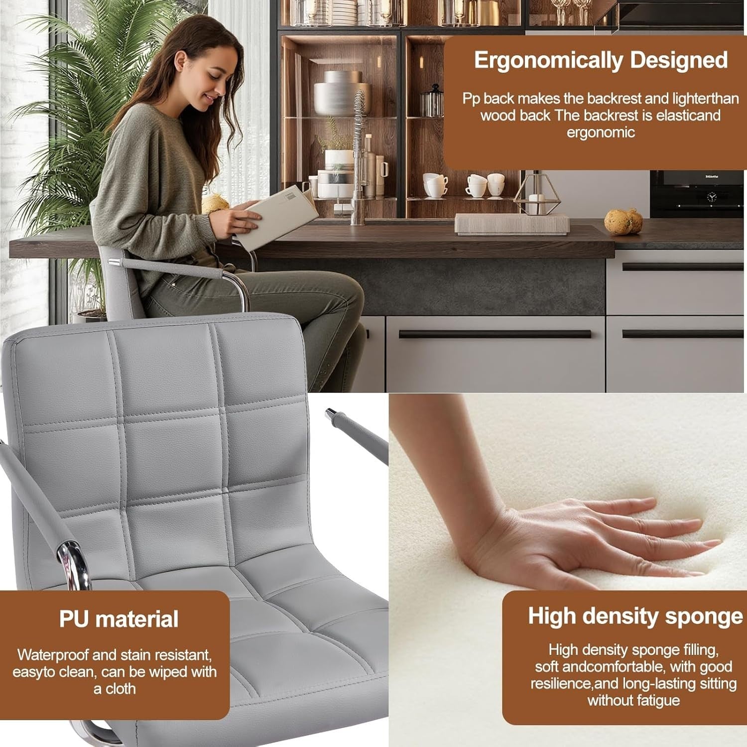 Grey PU Leather Bar Stool Adjustable Height 360° Swivel with Armrest