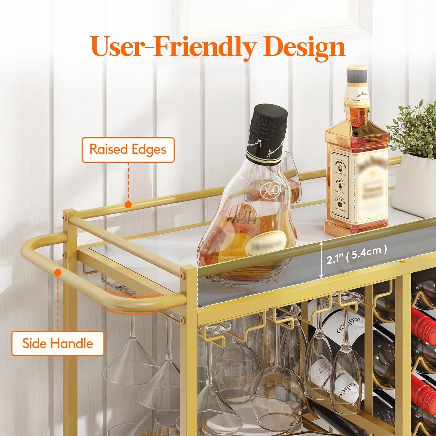 Gold Drinks Trolley 3 Tier Bar Cart with Wine Rack & Glass Holder Lockable Wheel