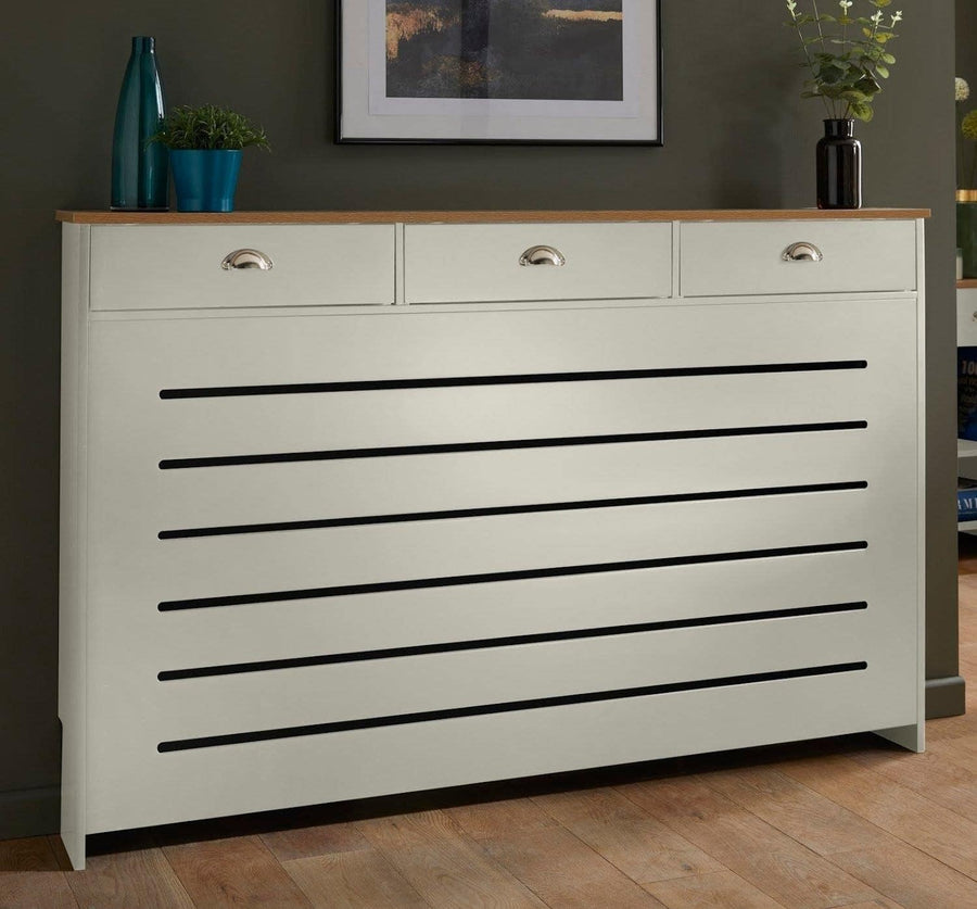 Cream Radiator Cover 150x19x96cm MDF Heating Cabinet | 3 Drawer Horizontal Slat