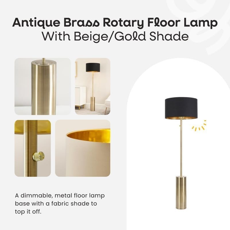 Antique Brass Floor Lamp with Black/Gold Shade & Dimmer, Includes Bulb