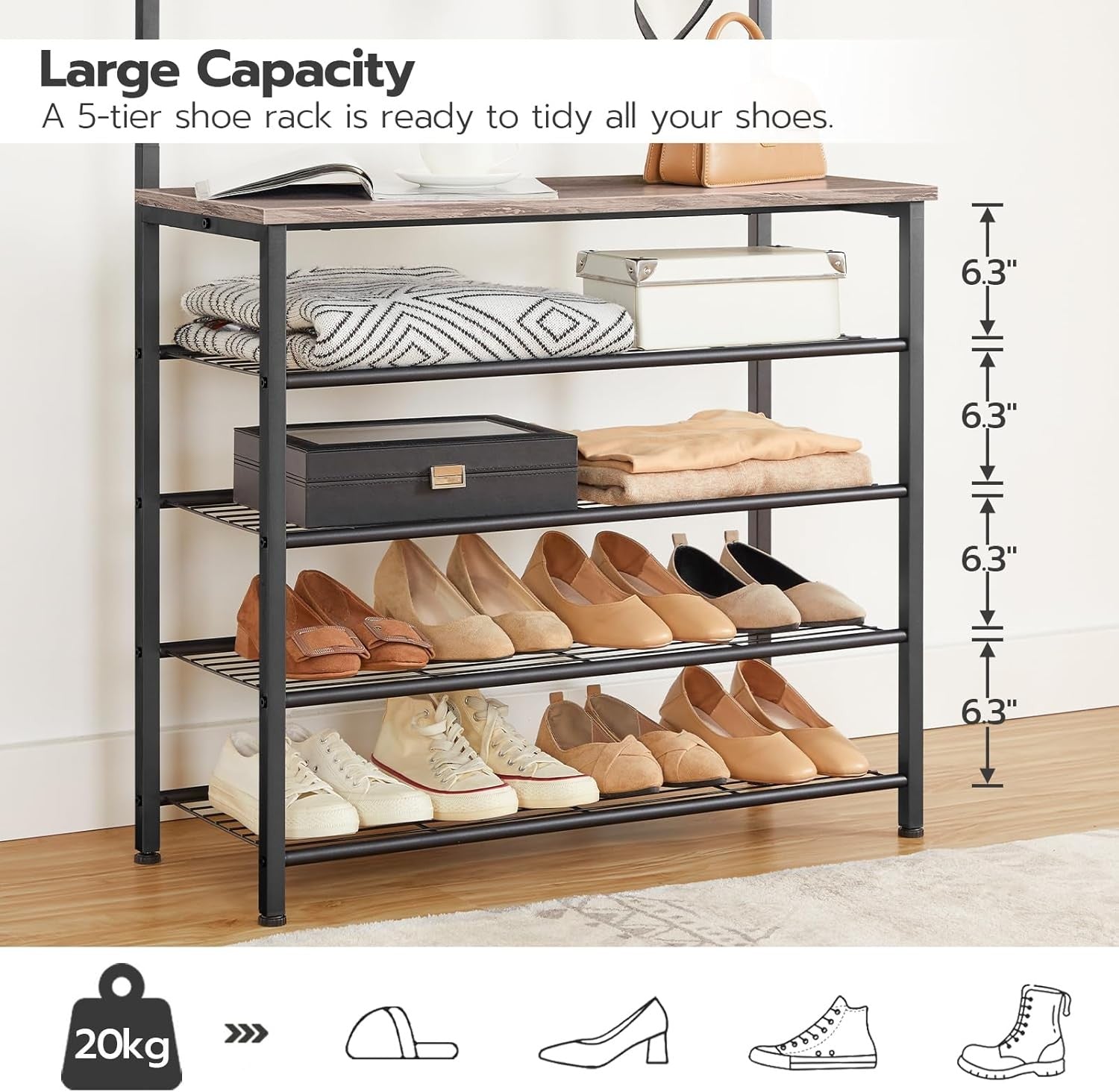 Greige Coat Rack with Shoe Bench & 9 Hooks | Industrial Hall Tree Organizer for
