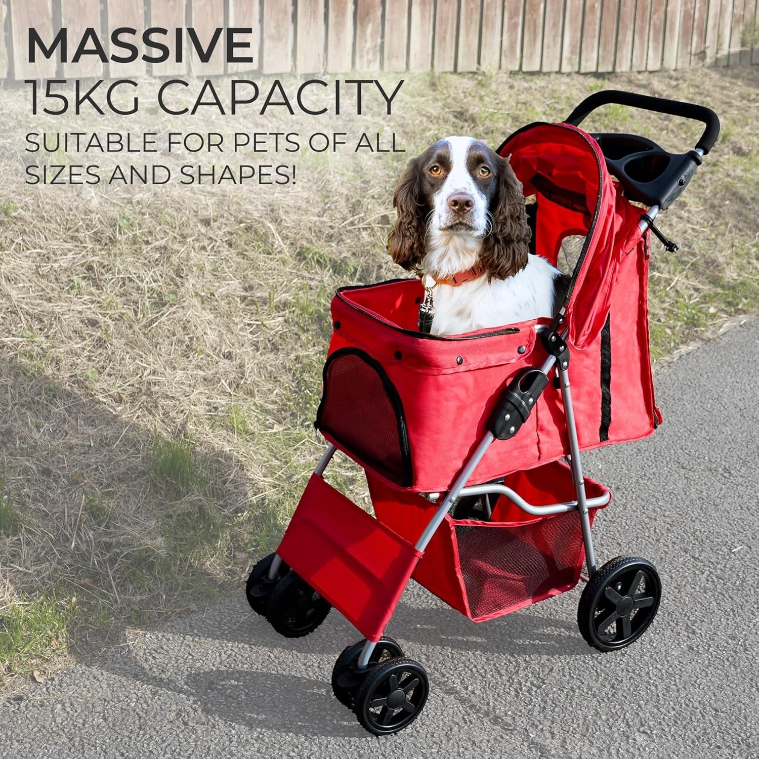 Red Pet Stroller Pushchair Foldable Dog Cat Pram 15kg with Brakes