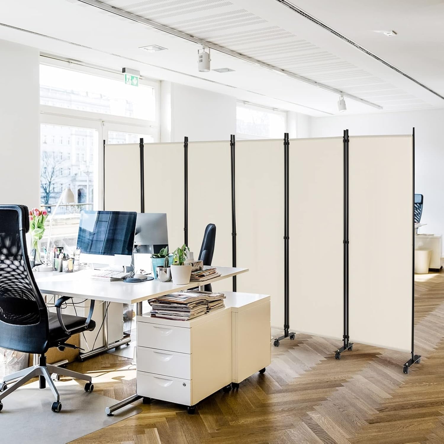 6 Panel White Folding Room Divider Privacy Screen Metal Frame 335x172cm