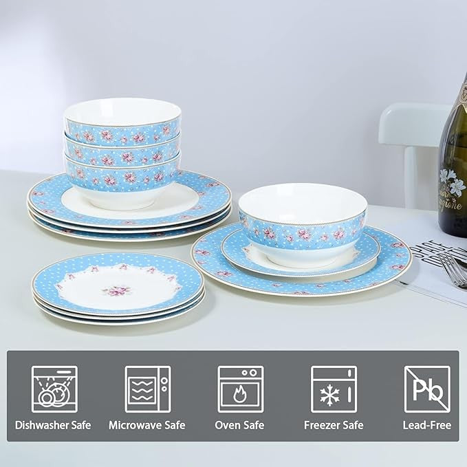 12pc Porcelain Dinner Set Floral Plates Bowls Dishwasher Microwave Safe
