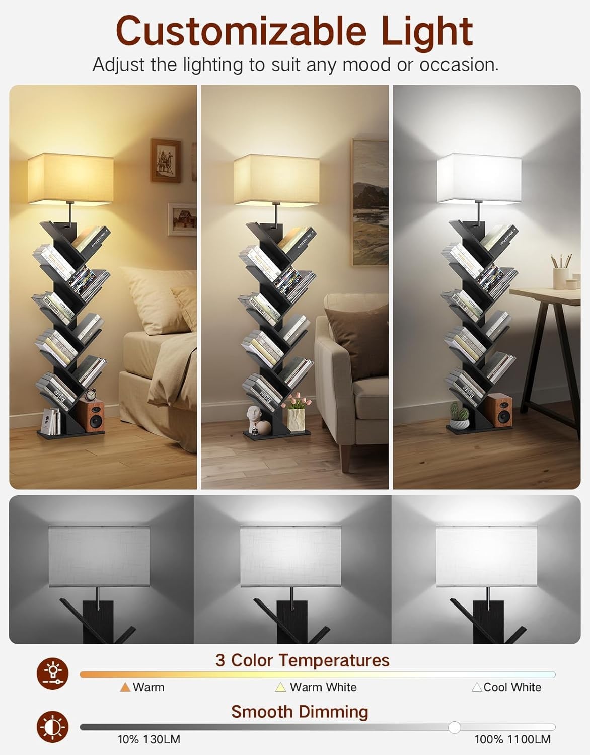 9 Tier Tree Bookshelf with LED Lamp Remote Black  Tall Narrow Shelf