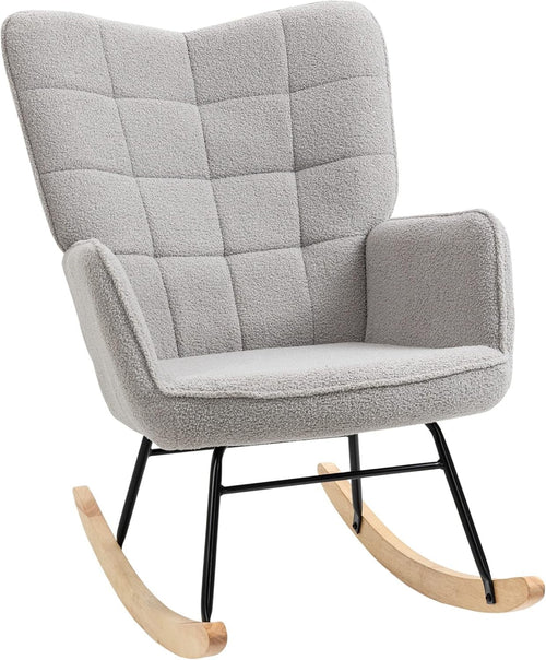 Light Grey Fleece Rocking Armchair – Soft Wingback Glider for Nursery & Home