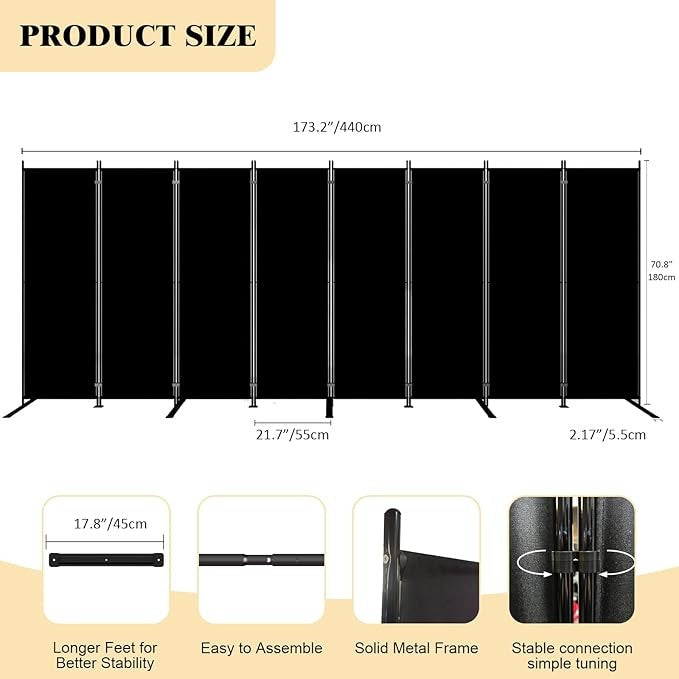 8-Panel Folding Room Divider 6ft Black Privacy Screen Wall for Home Office