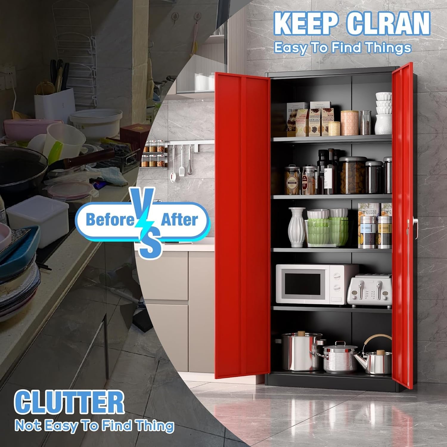 Tall Metal Storage Cabinet 180cm Lockable Cupboard with Adjustable Shelves