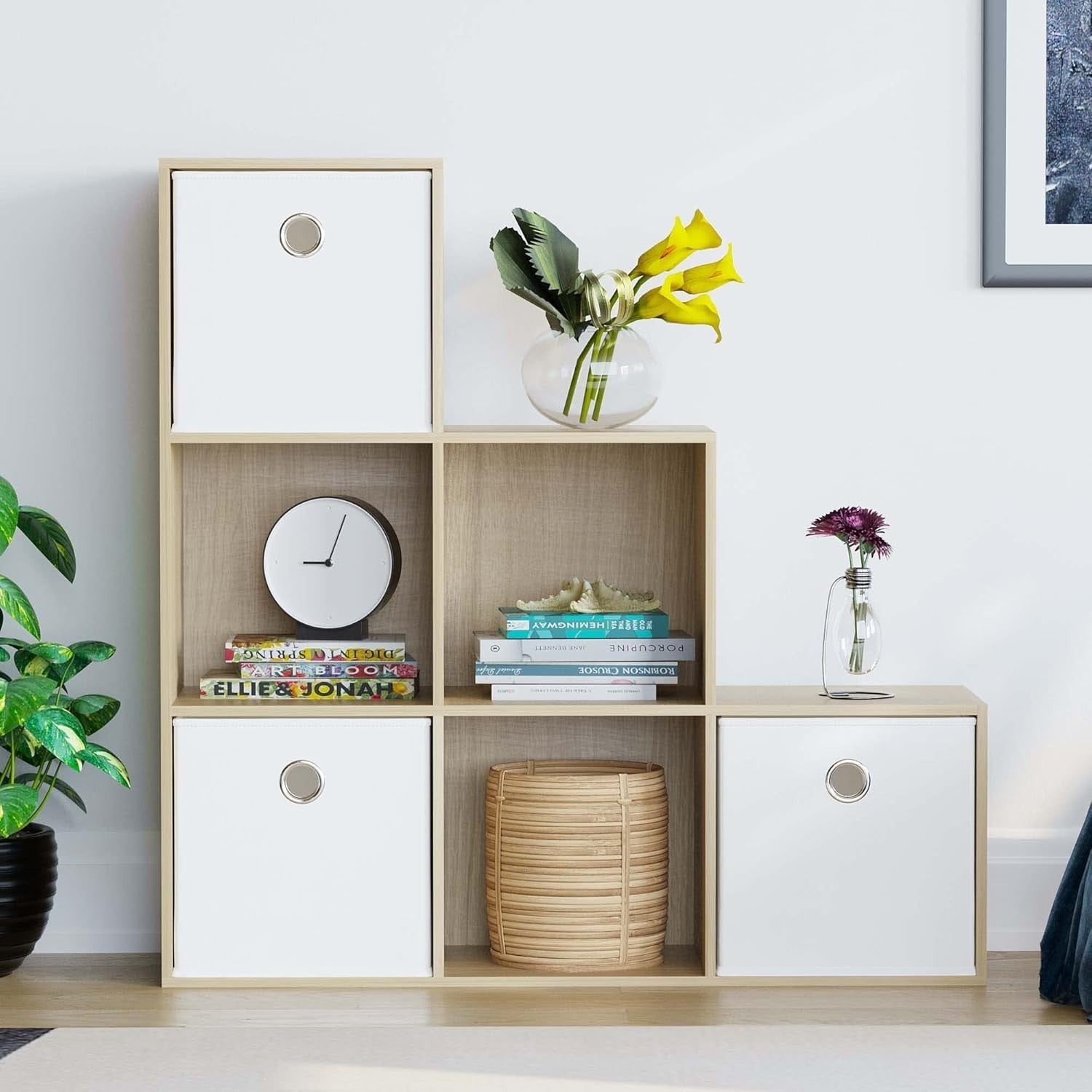 Oak 6 Cube Staircase Storage Shelf with 3 White Baskets – Modern Bookcase Unit