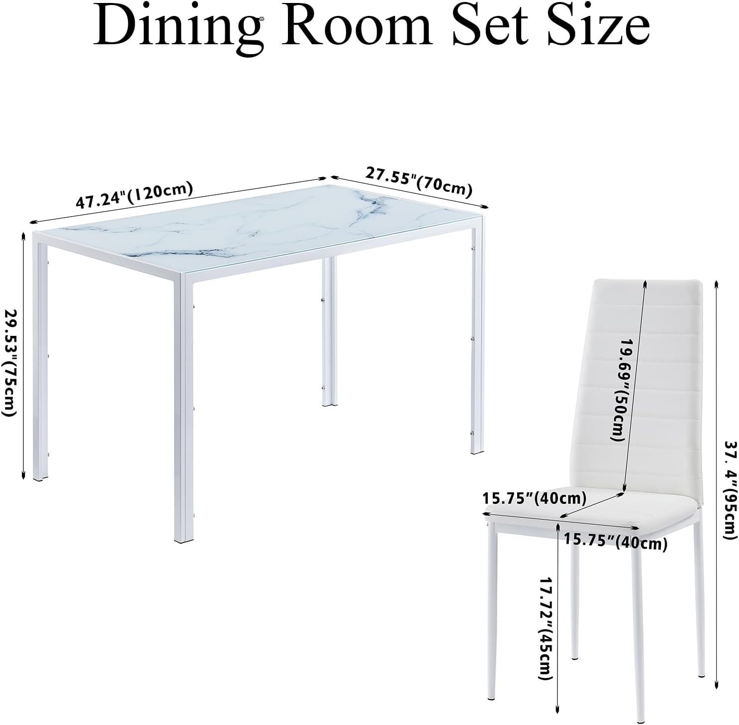 5PC White Marble Dining Set Glass Table with Faux Leather Chairs Compact