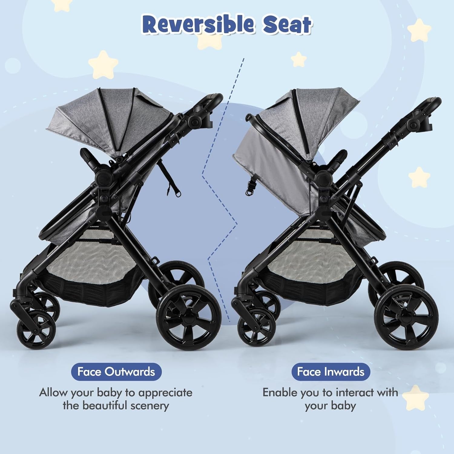 2 in 1 Baby Pushchair Travel Foldable Lightweight Reversible Stroller Grey