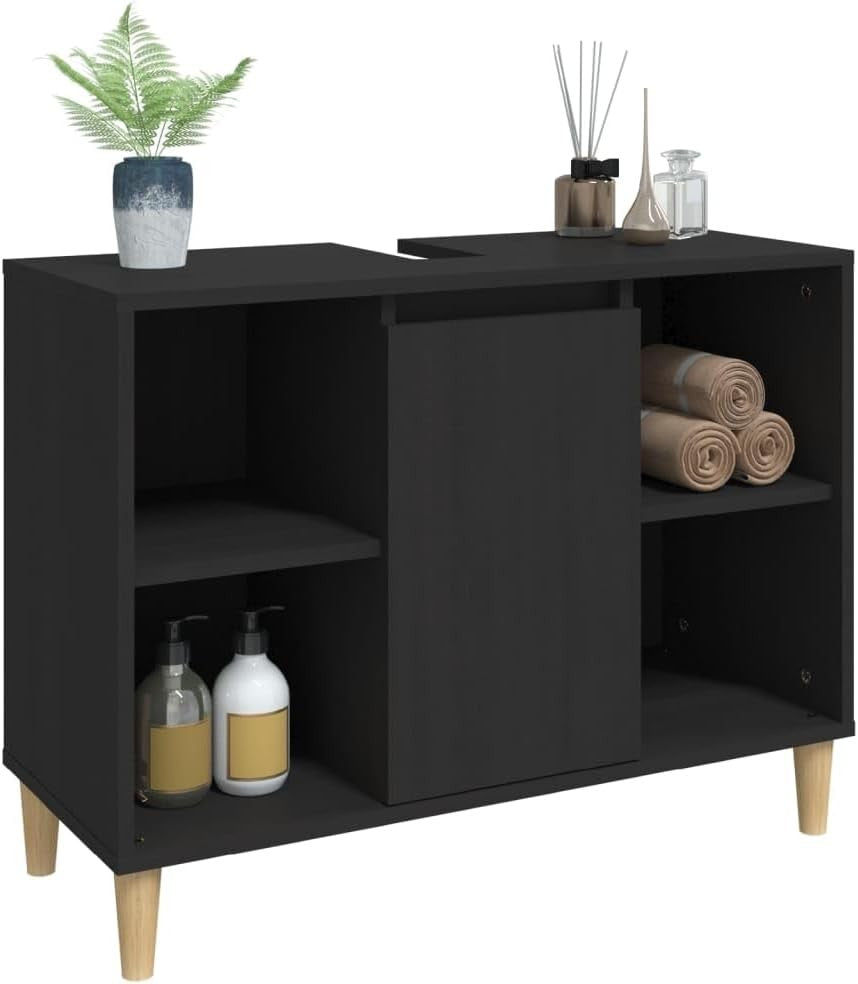 Black Under Sink Bathroom Cabinet with Door & Shelves | Modern Vanity Storage Un
