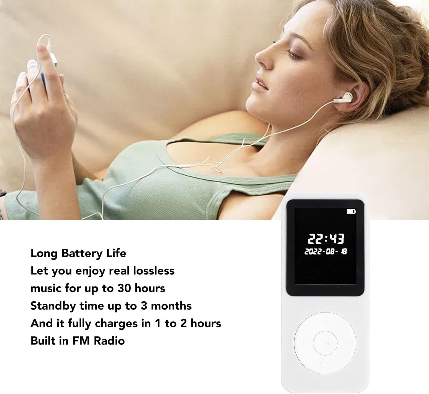 Bluetooth 5.0 MP3 Player 1.77" LCD Screen FM Speaker 16GB White