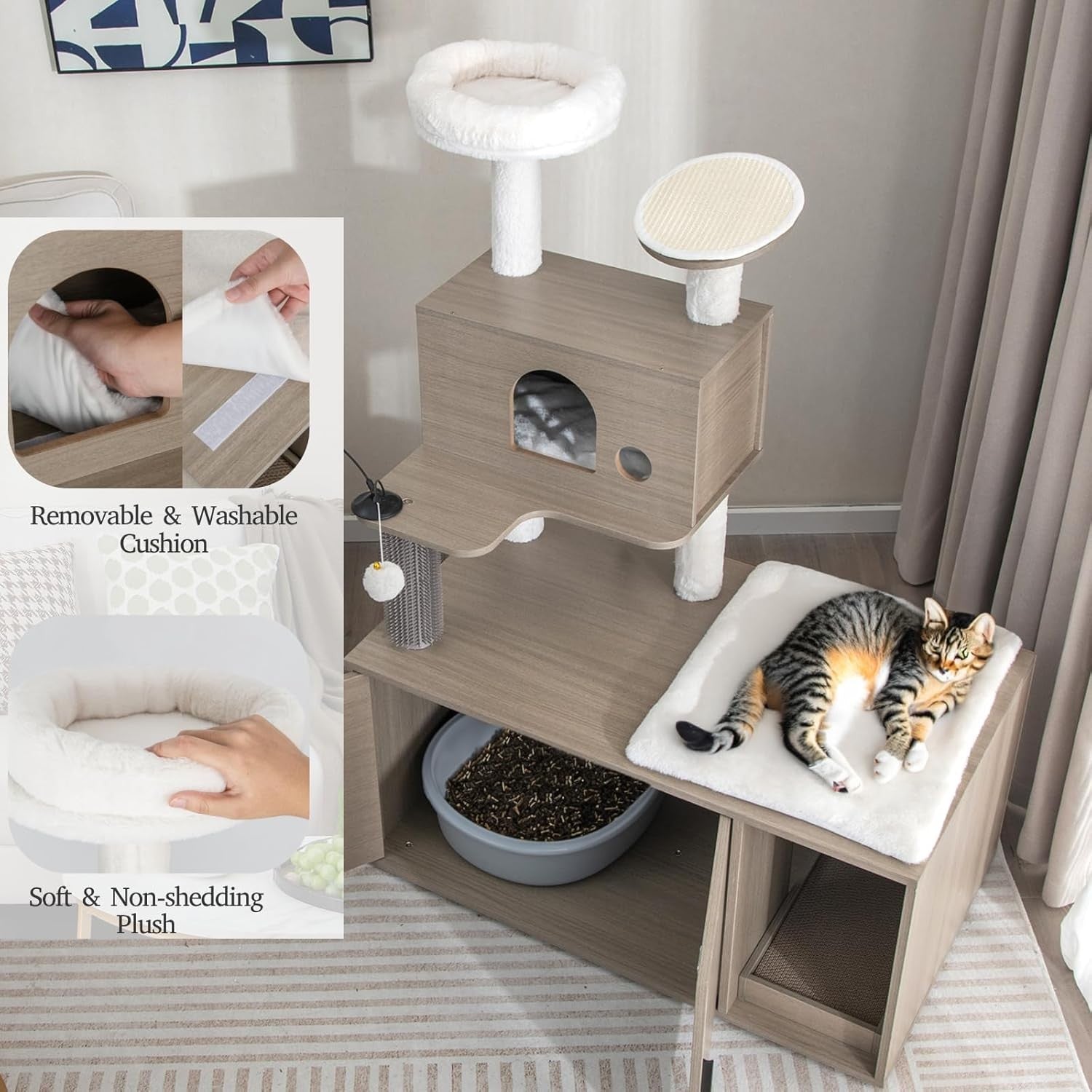 Wooden Cat Tree Tower Litter Box Enclosure Condo Scratching Post Indoor Unit