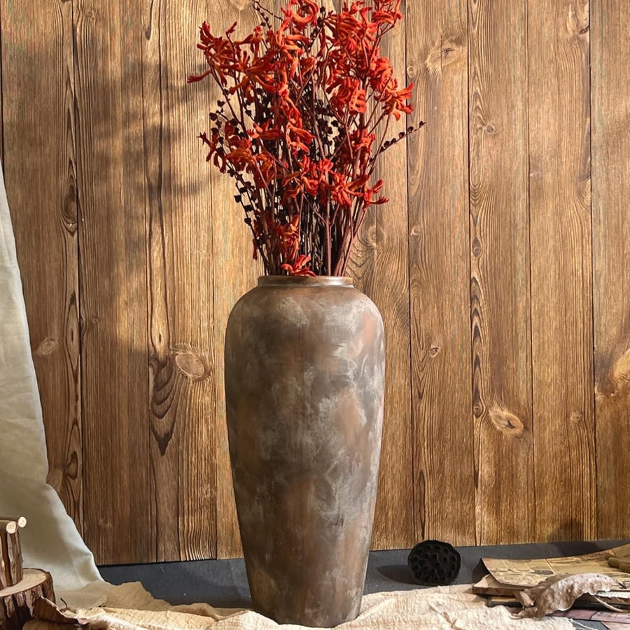 Large Rustic Ceramic Floor Vase 15in Brown Vintage Farmhouse Home Decor