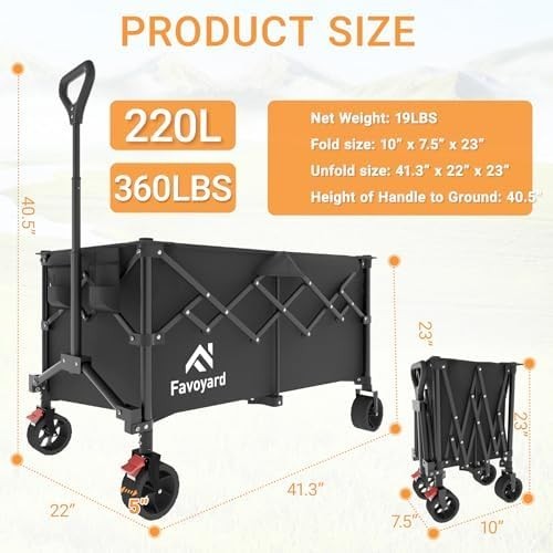 220L Heavy Duty Folding Garden Wagon Cart All Terrain Wheels Black