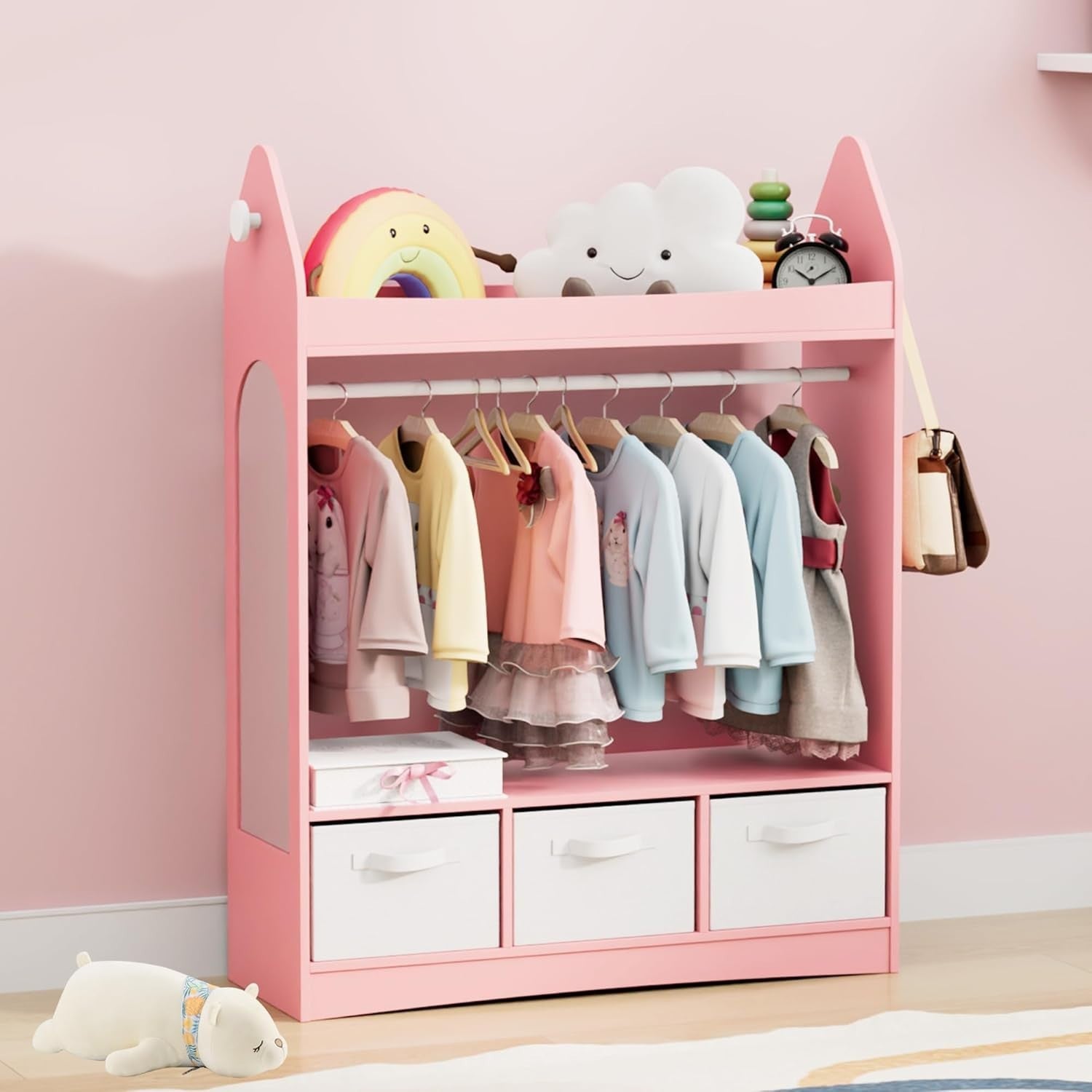 Kids Wardrobe with Mirror, 3 Drawers & Hanging Rail, Pink Rocket Design