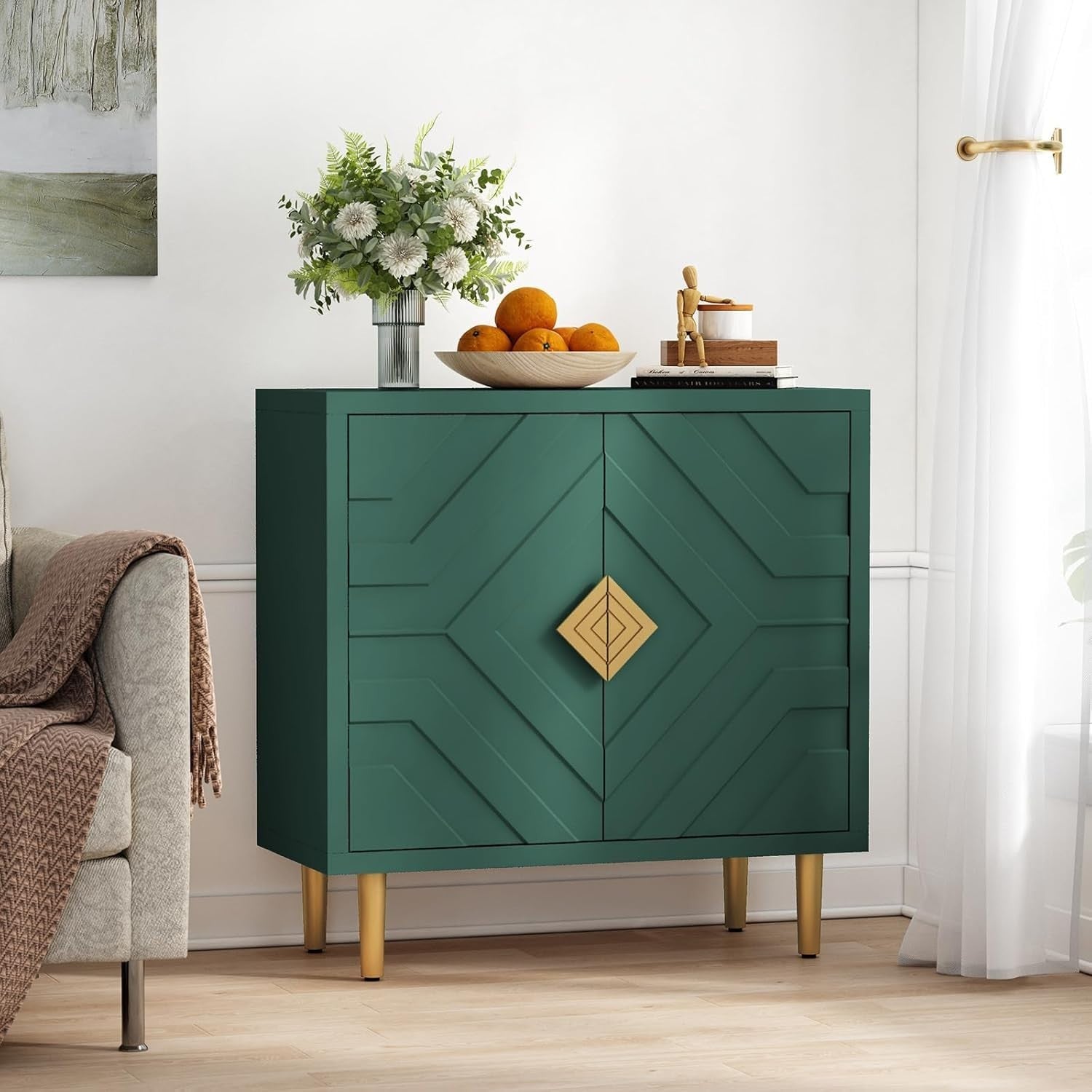 Modern 2-Door 3D Embossed Sideboard Storage Cabinet Green with Gold Legs