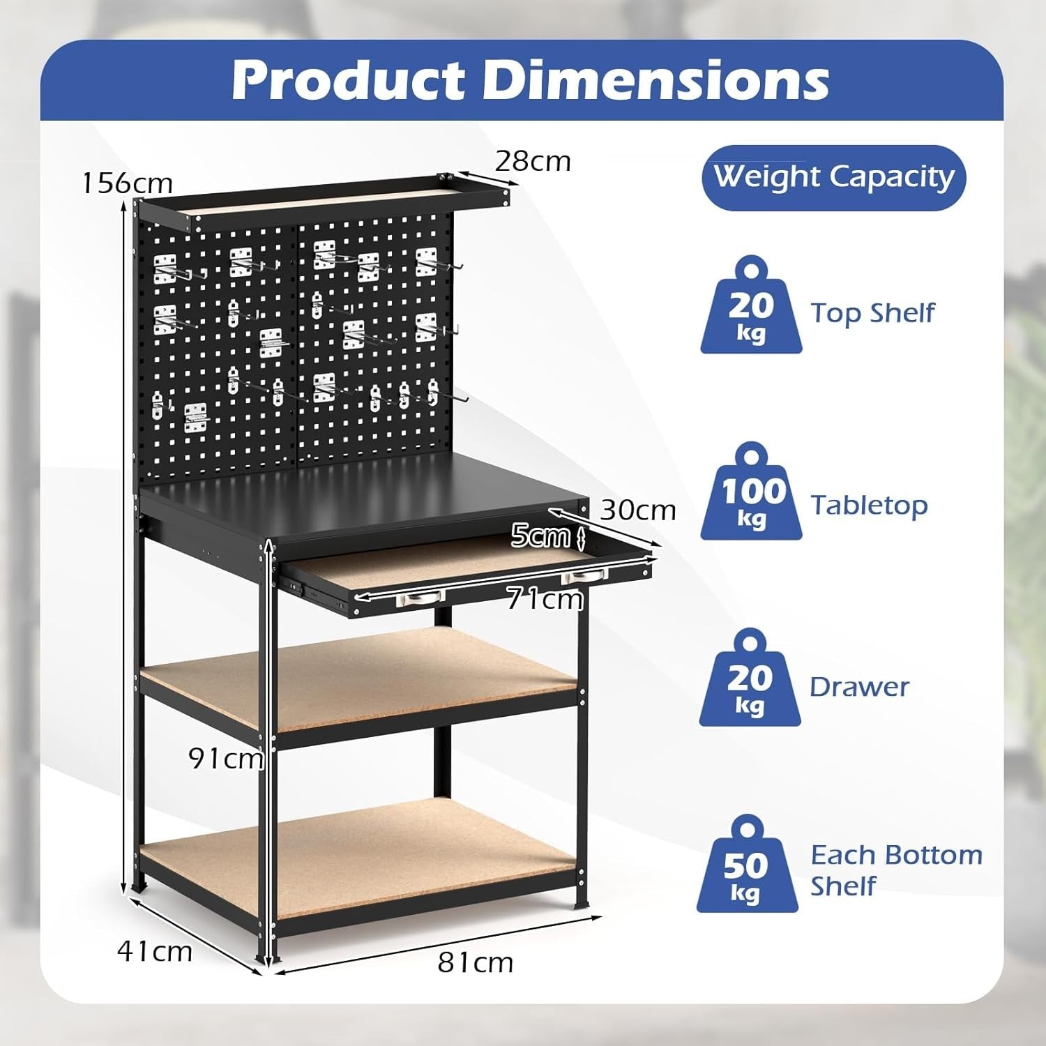 Heavy Duty Workbench 81x41x156cm with Pegboard Shelves Drawer 290kg Capacity