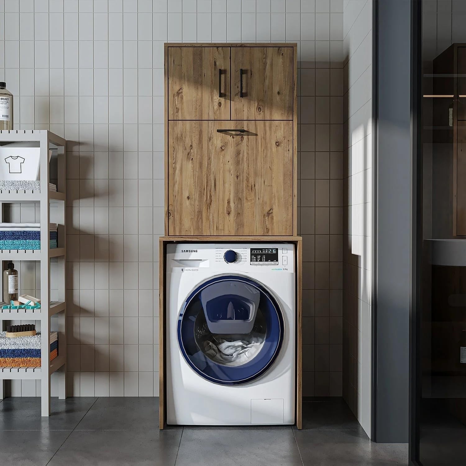 Luna Washing Machine Cabinet, Premium Melamine Coated Panels, White-Oak, 180.5cm