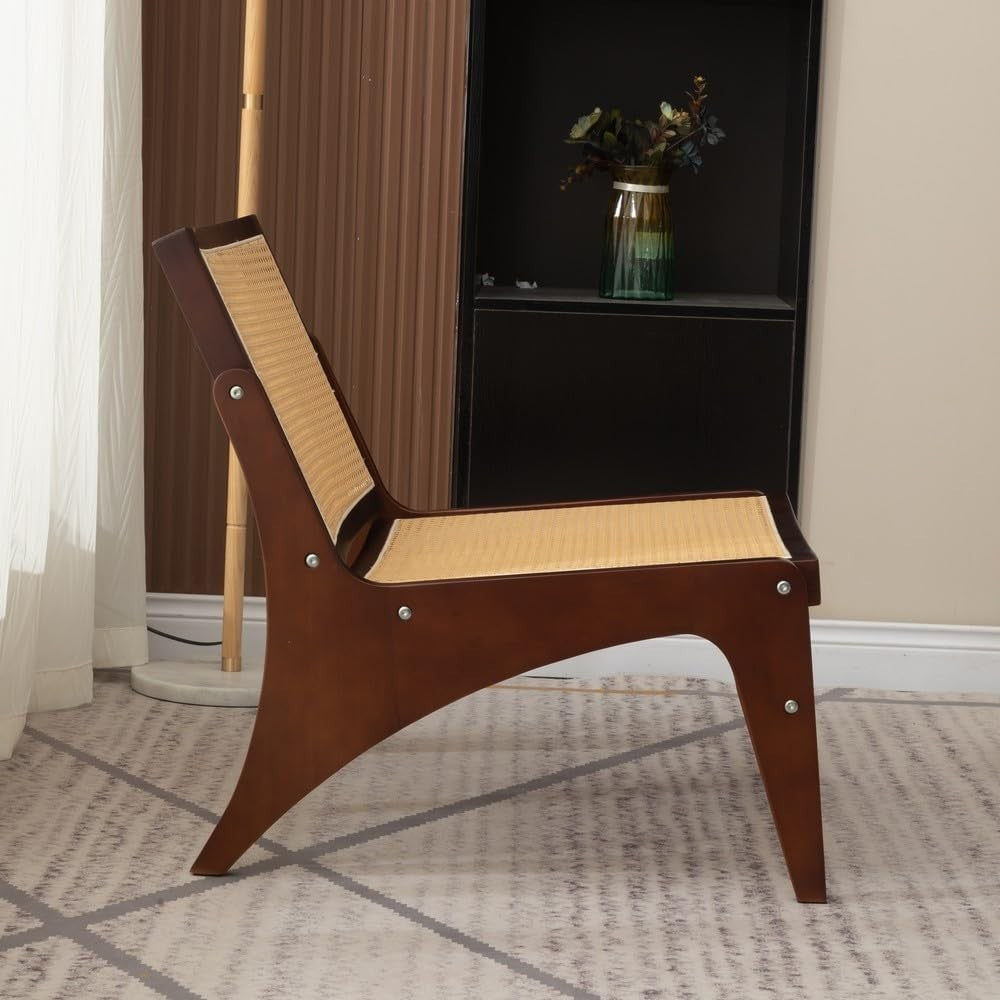 Walnut Rattan Accent Lounge Chair Wooden Frame Mid Century Armchair