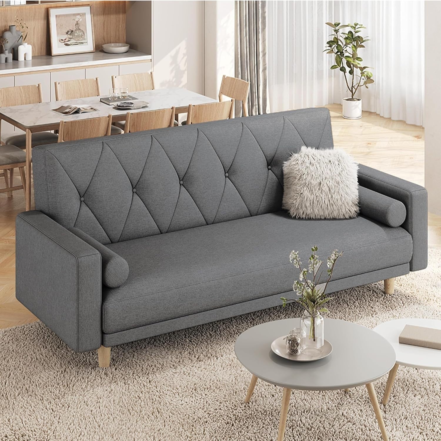 Dark Grey 3 Seater Sofa Bed Click Clack Modern Couch with Pillows Small Space