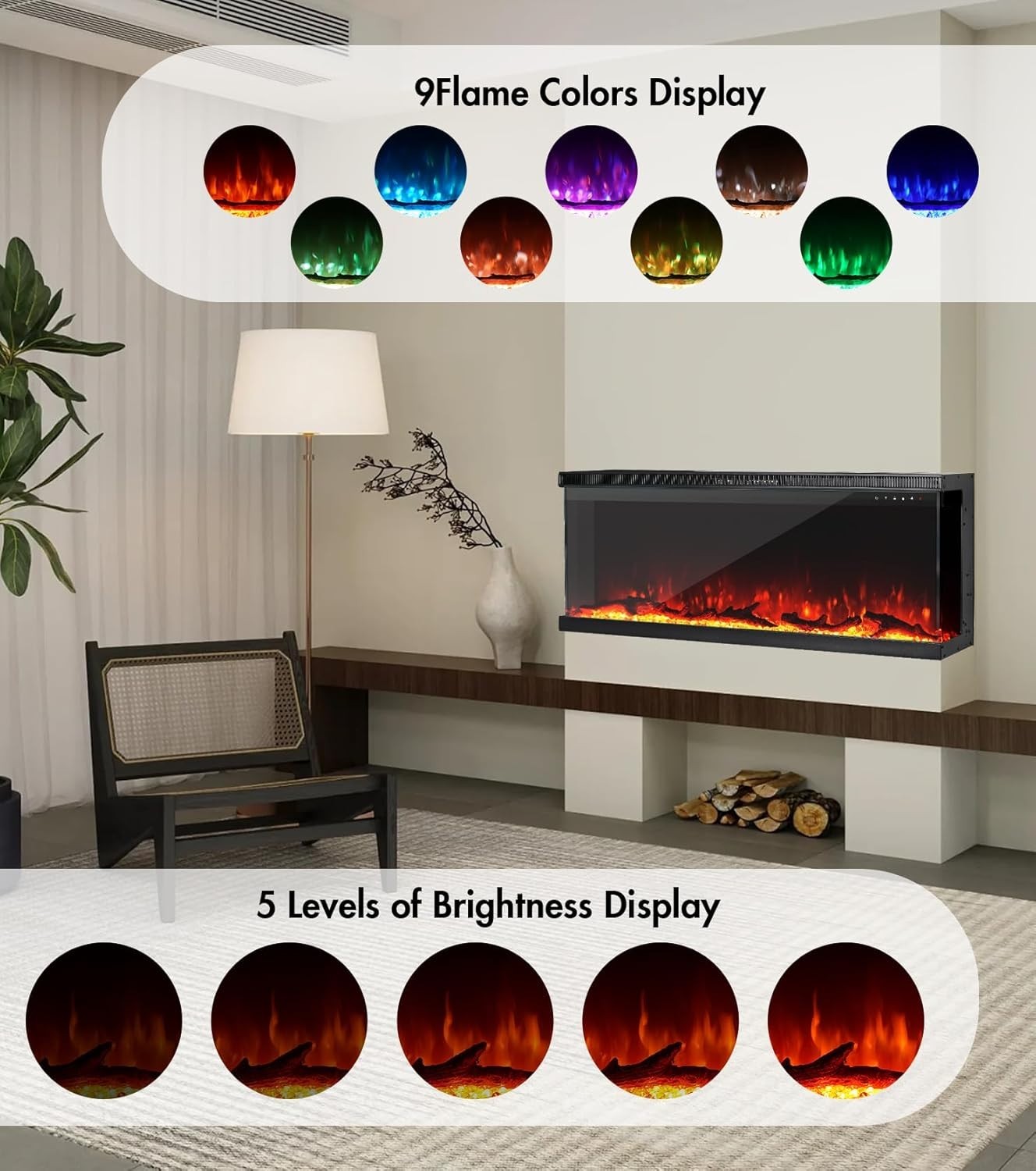 50" 3-Sided Electric Fireplace Wall Mount Freestanding 9-Color Flame Heater