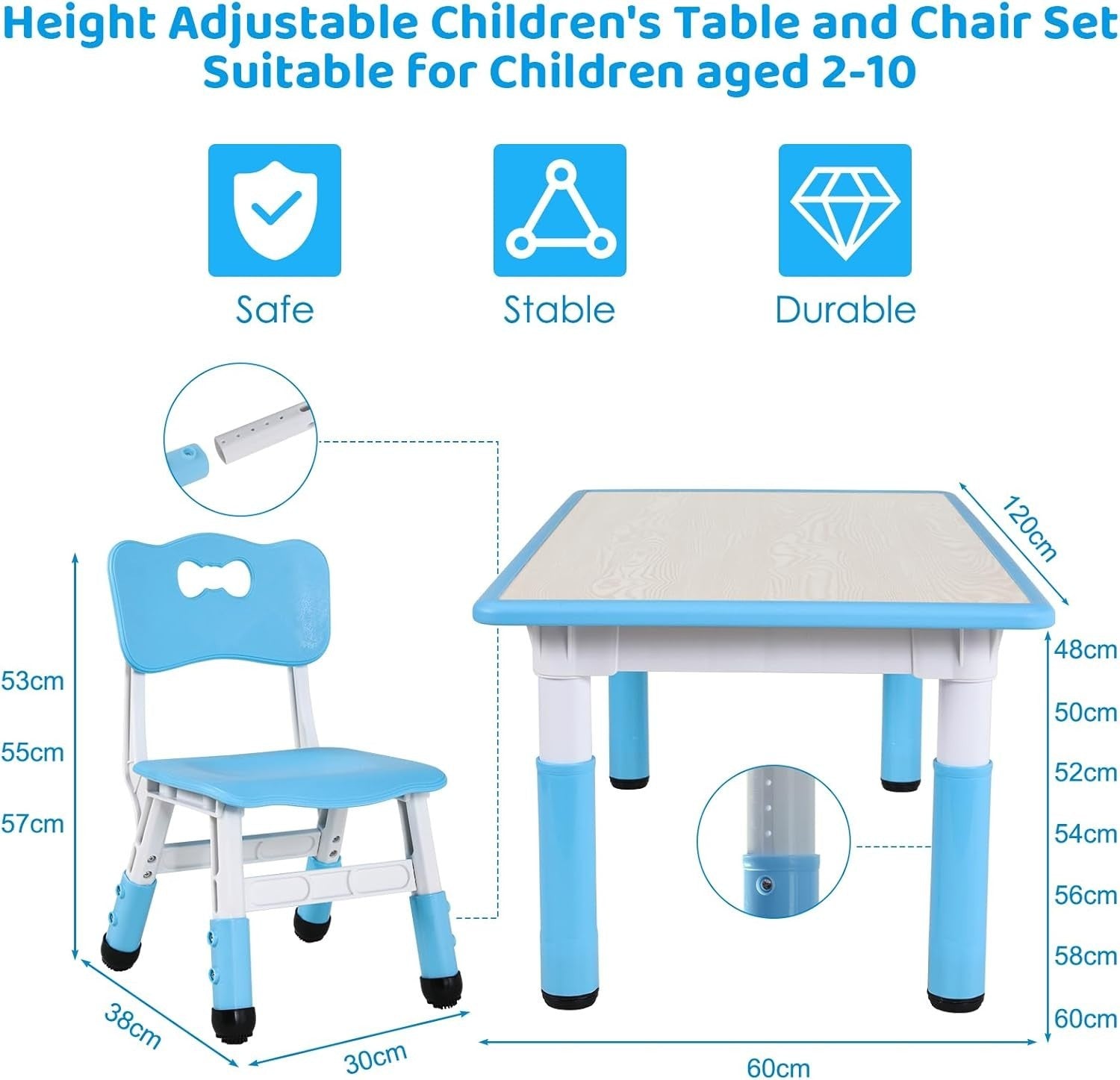 Adjustable Kids Table & 4 Chairs Set Safe Durable Plastic Furniture Blue