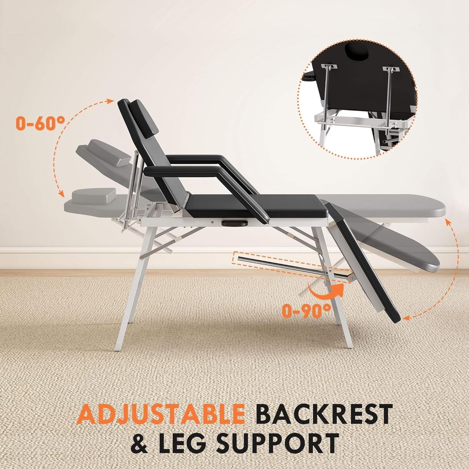 Portable 3-Section Massage Table Adjustable Beauty Bed Recliner Face Hole Black