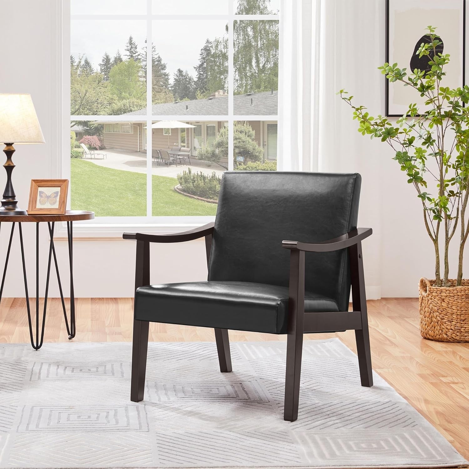 Black Faux Leather Accent Chair – Modern Armchair w/ Rubber Wood Legs