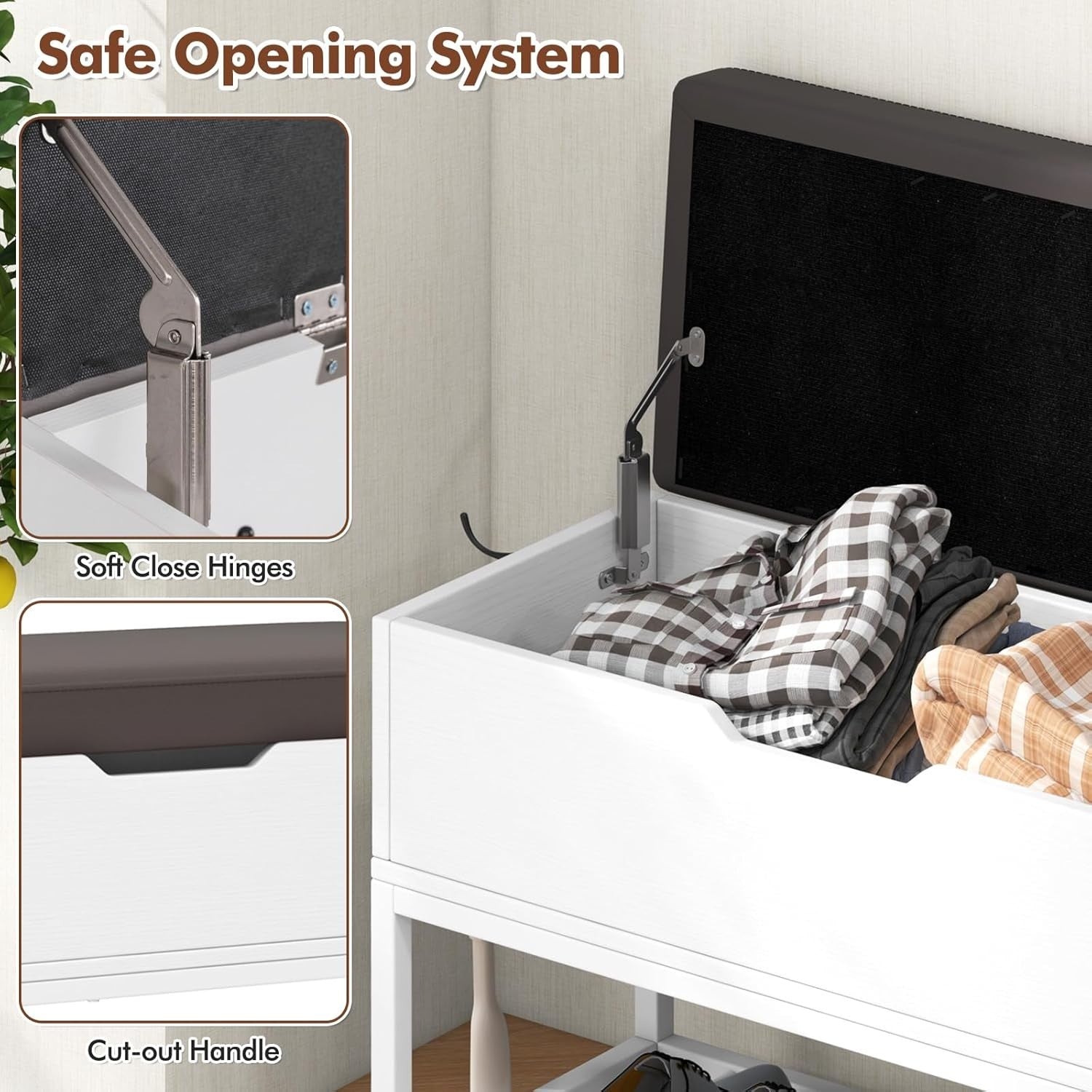 White Shoe Storage Bench with Cushion & Flip Top | 2-Door Hallway Cabinet