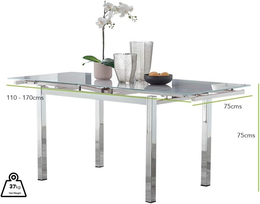 Modern White Glass Extending Dining Table with 4 Black Quilted Chairs Set