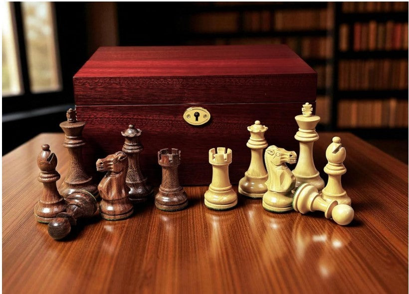 Luxury Acacia & Boxwood Chess Pieces Set 10.16cm King + Mahogany Storage Box