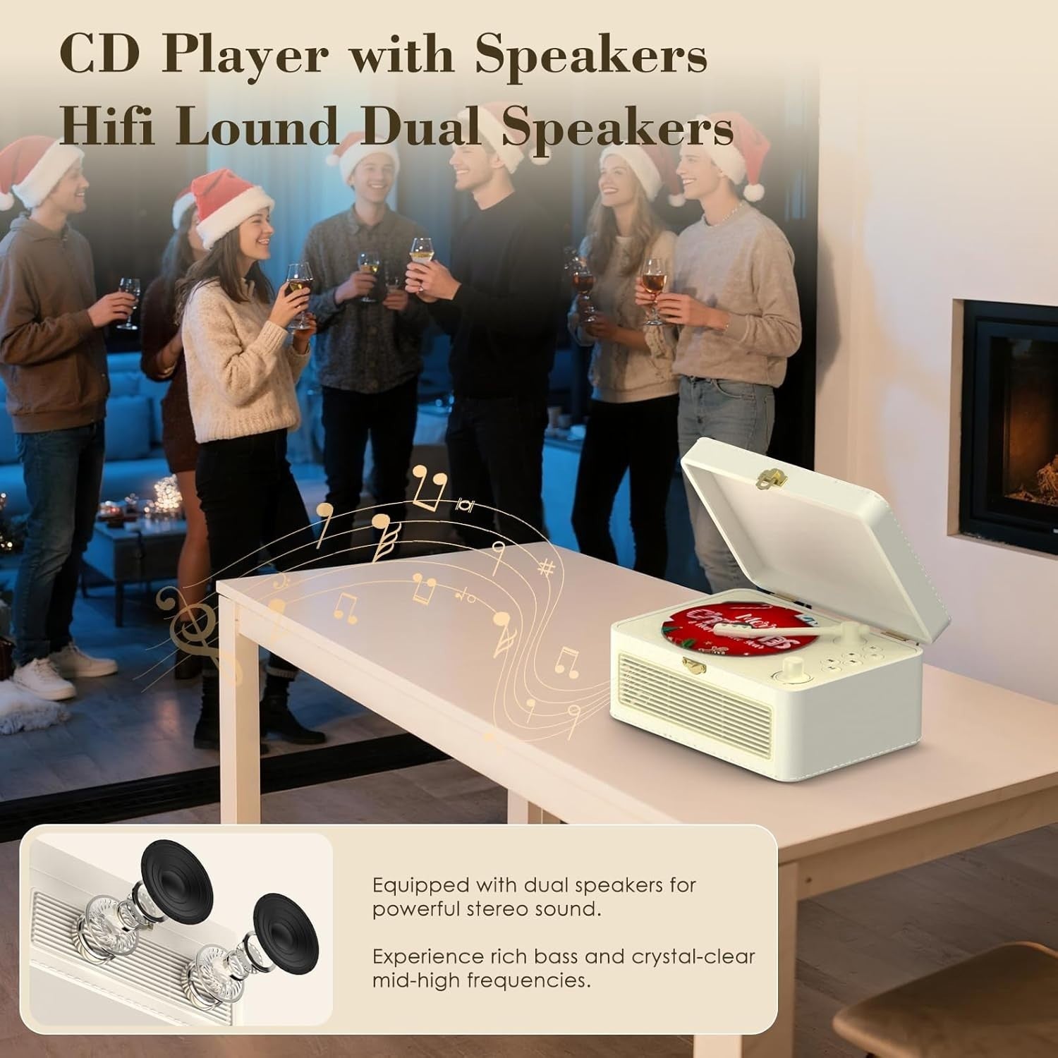 Retro Bluetooth CD Player FM Radio USB AUX HiFi Speakers White PU