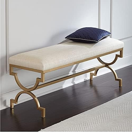 Luxurious White Upholstered Shoe Bench Gold Metal Base Modern Comfy Footrest