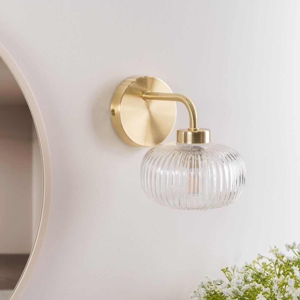 Gold Wall Light Fitting Pair Clear Ribbed Glass Shade IP44 Bathroom Hallway