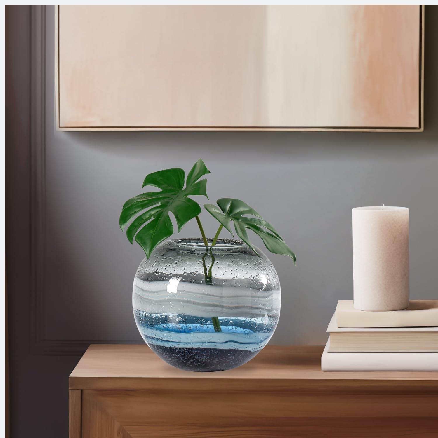 Handmade Blue Swirl Glass Sphere Vase Modern Living Room Centerpiece