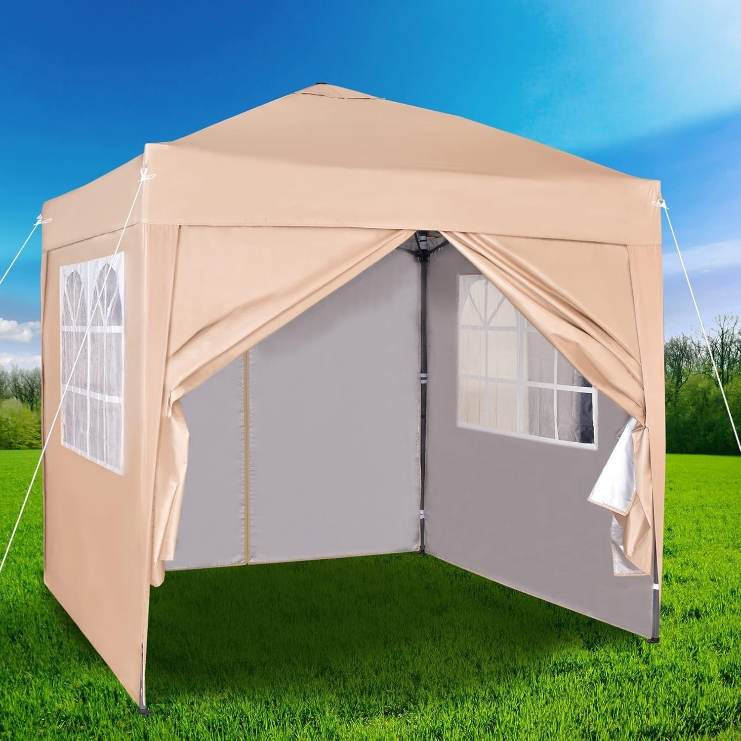 2x2m Pop Up Gazebo Waterproof w/ Sides Beige Silver Protective Canopy