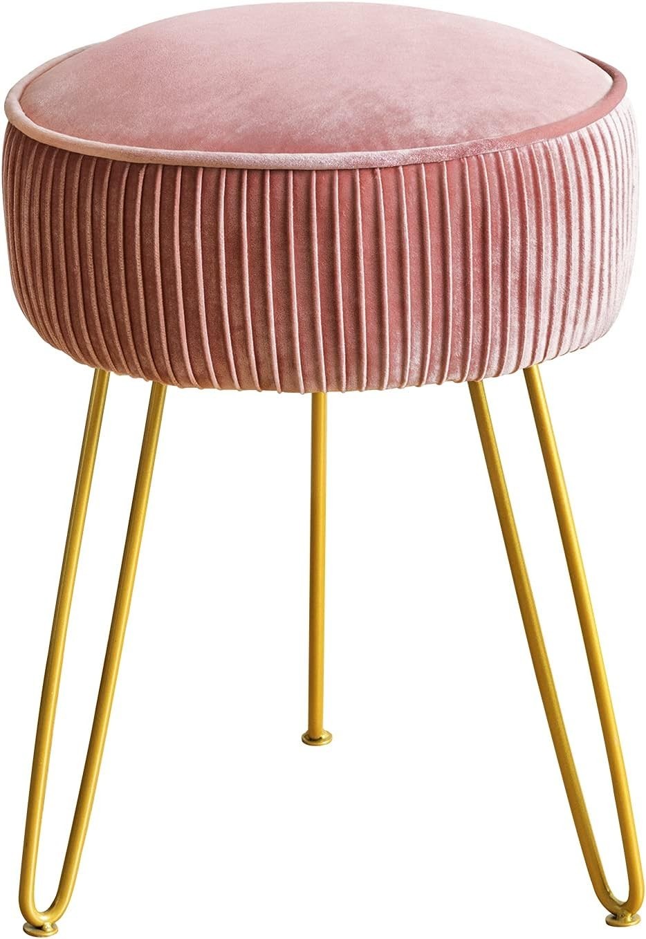Pink Velvet Pleated Vanity Stool Round Ottoman with Gold Metal Legs