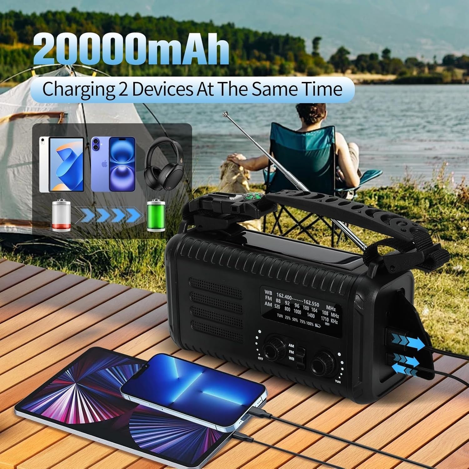Wind Up Solar Emergency Radio 20000mAh AM/FM NOAA SOS Torch Black