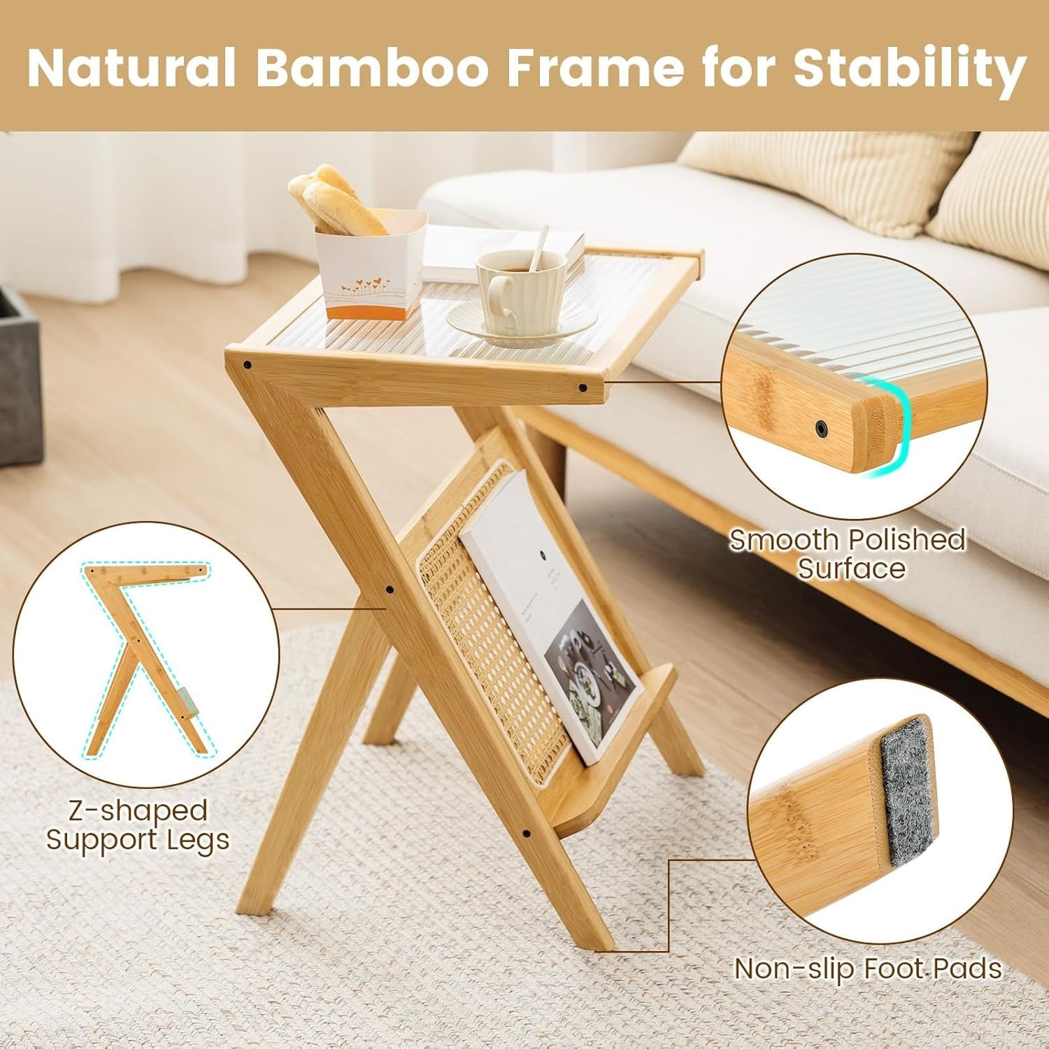 Slim Bamboo Side Table with Glass Top & Magazine Rack | 2-Tier Bedside Sofa Tabl