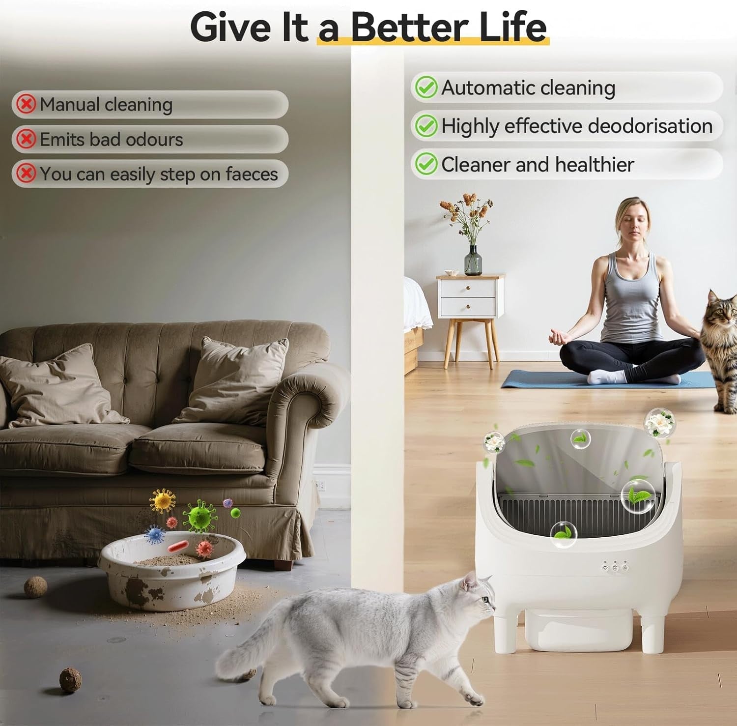 Self Cleaning Cat Litter Box App Control XL Auto Tray 15 Day Capacity