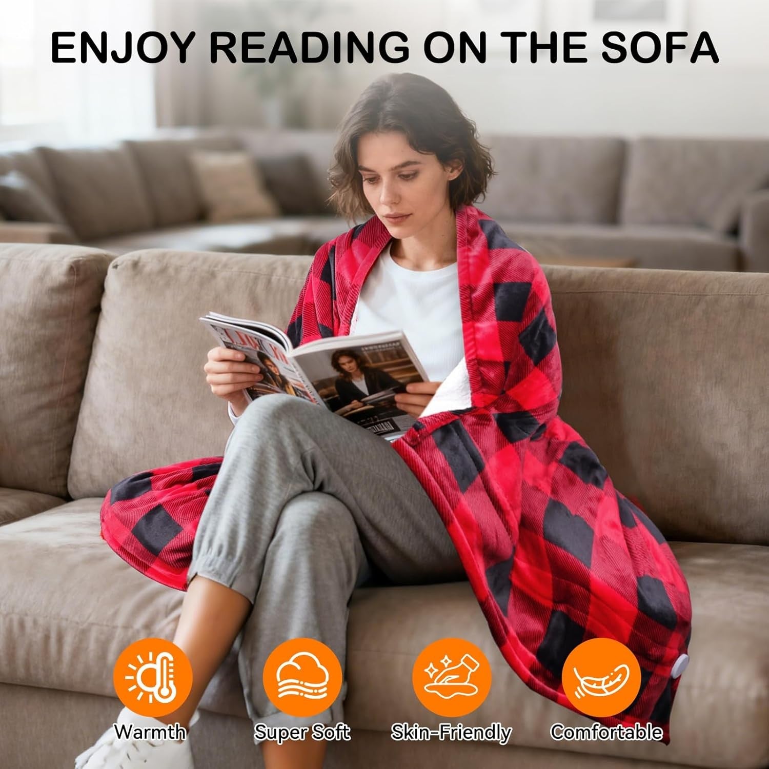 Electric Heated Throw Blanket 152x127cm Double Sided Checkered 10 Heat Timer