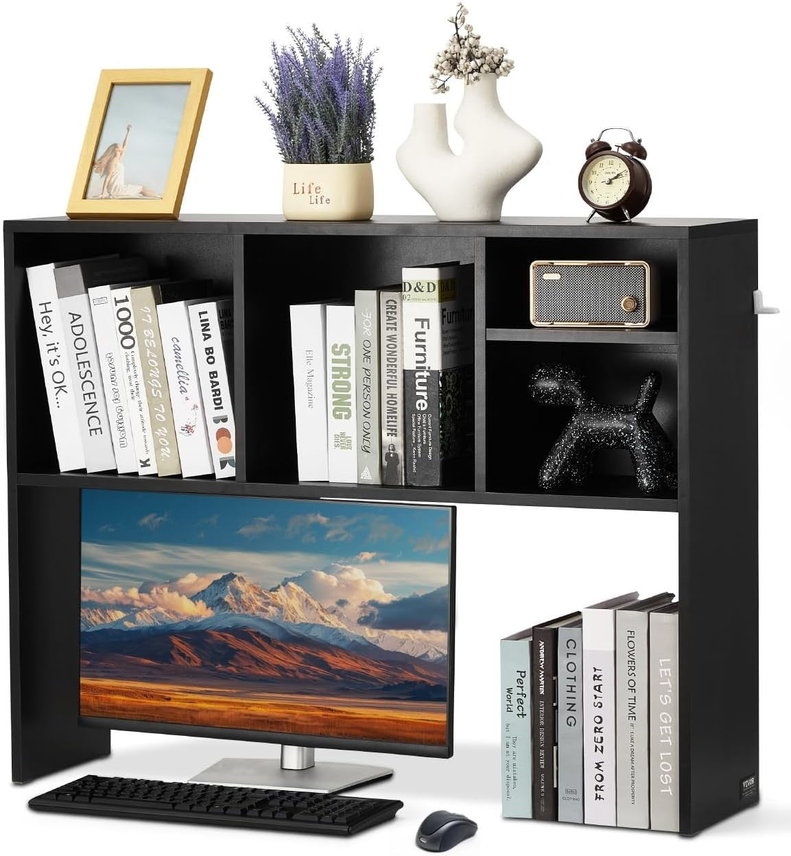 Compact 94cm 2-Level Desk Hutch Shelf Brown Monitor Riser & Organizer